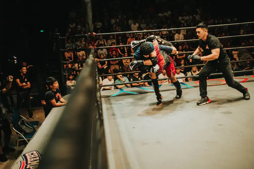 Fighter holding an arcade stick in a dramatically lit tournament arena