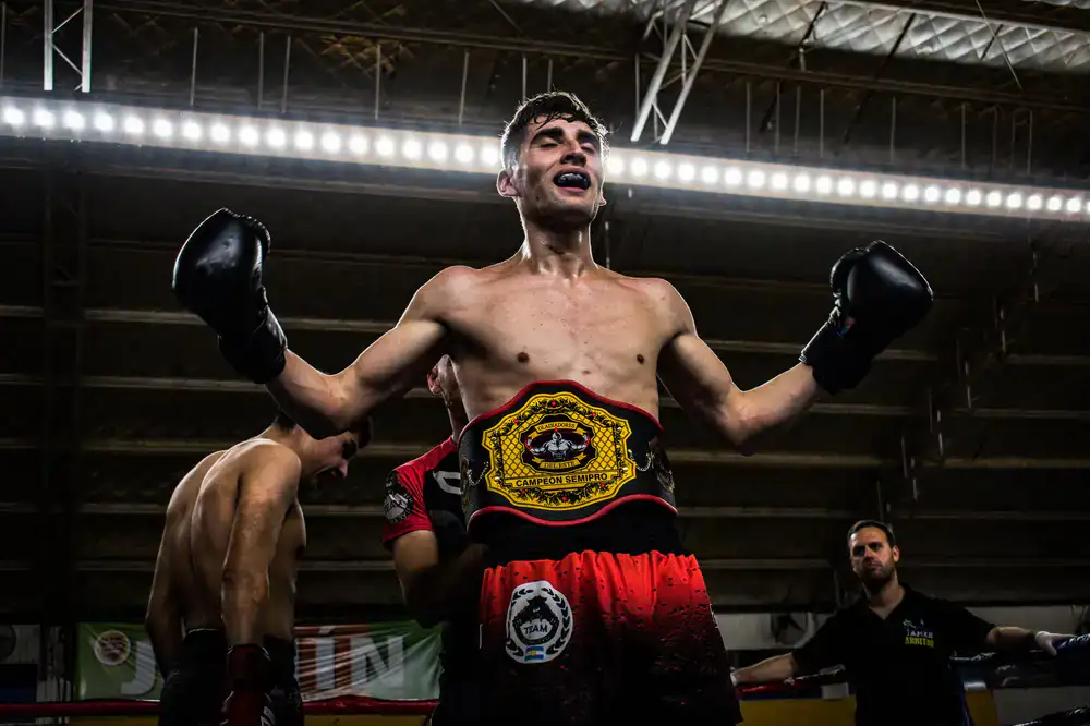 Championship belt displayed in a fighting arena